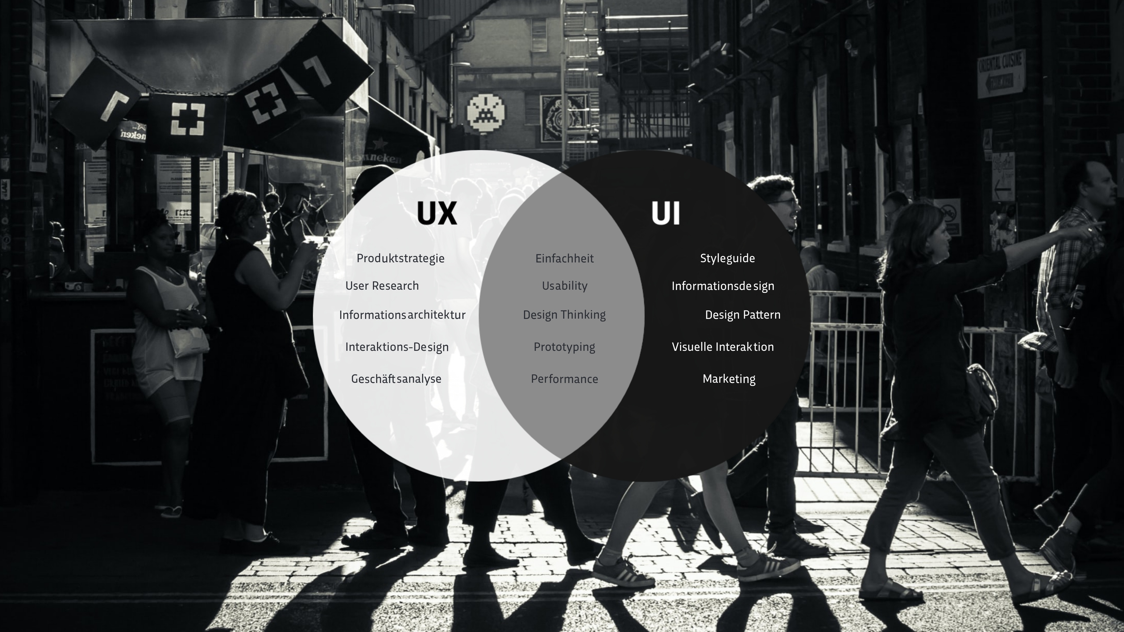 Eine Collage, die ein Venn-Diagramm über UX und UI Design mit einer Straßenszene kombiniert. Das Diagramm zeigt die Überschneidungen und Unterschiede zwischen UX (User Experience) und UI (User Interface). Im Hintergrund sieht man Silhouetten von Menschen, die eine belebte Straße überqueren, was an das berühmte Beatles-Album ‚Abbey Road‘ erinnert. Die Straßenszene ist in Schwarzweiß gehalten, während das Diagramm in Weiß und Schwarz hervorgehoben ist. Diese Kombination suggeriert die Anwendung von UX/UI-Prinzipien im alltäglichen Leben.